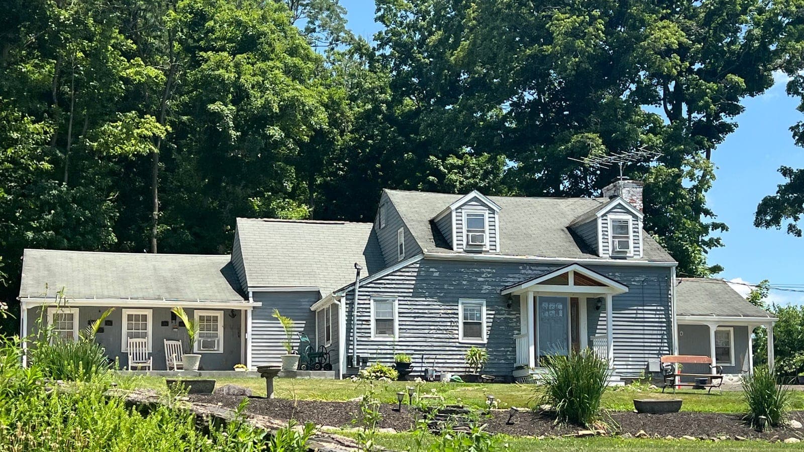Cape Cod with lap siding and two dormers, repainted: front door Bunglehouse Blue SW 0048